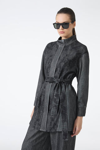 Belted Jacket and Trousers Two-Piece Black Suit 1718