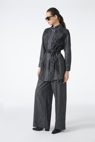 Belted Jacket and Trousers Two-Piece Black Suit 1718