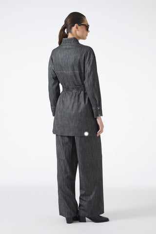Belted Jacket and Trousers Two-Piece Black Suit 1718