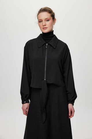 Patterned Black Two-Piece Set with Tie Detail 1722