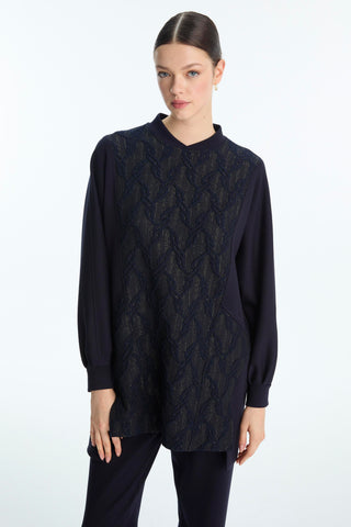 Patterned Two-Piece Navy Blue Set 1723