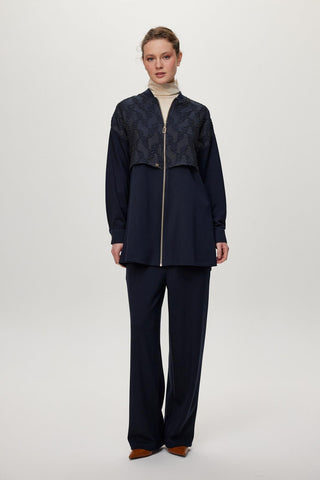Mandarin Collar Zip-Up Two-Piece Set, Navy Blue, Set 1727