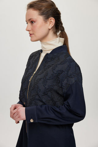 Mandarin Collar Zip-Up Two-Piece Set, Navy Blue, Set 1727