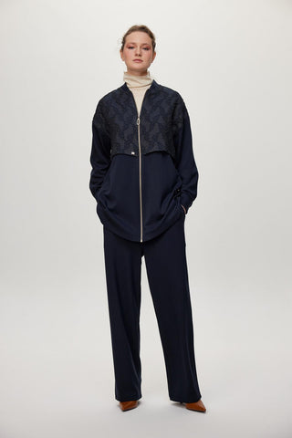 Mandarin Collar Zip-Up Two-Piece Set, Navy Blue, Set 1727