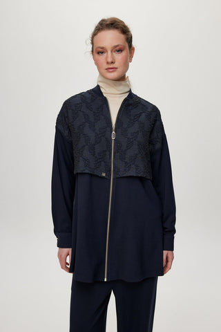 Mandarin Collar Zip-Up Two-Piece Set, Navy Blue, Set 1727
