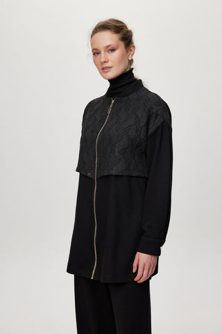 Mandarin Collar Zip-Up Two-Piece Suit Black Set 1727