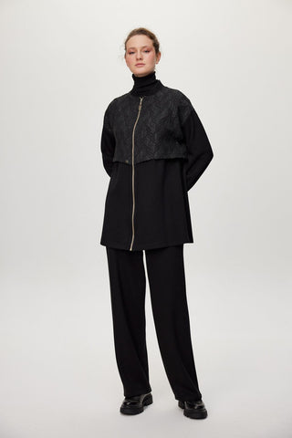 Mandarin Collar Zip-Up Two-Piece Suit Black Set 1727