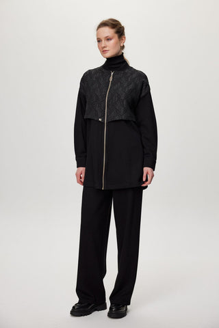 Mandarin Collar Zip-Up Two-Piece Suit Black Set 1727