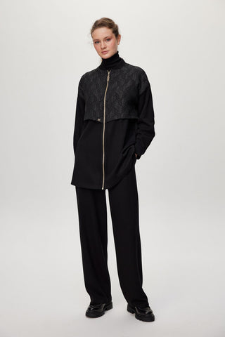 Mandarin Collar Zip-Up Two-Piece Suit Black Set 1727