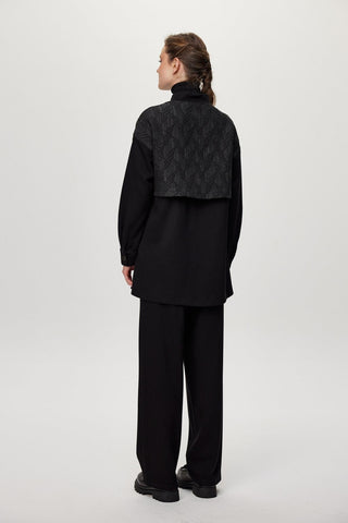 Mandarin Collar Zip-Up Two-Piece Suit Black Set 1727