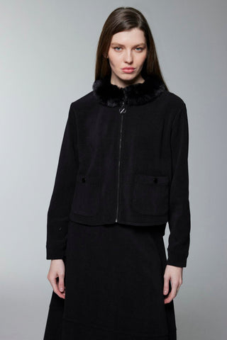 Kürk Yaka Fermuarlı Ceket Etek Ikili Takım