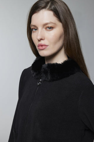 Kürk Yaka Fermuarlı Ceket Etek Ikili Takım