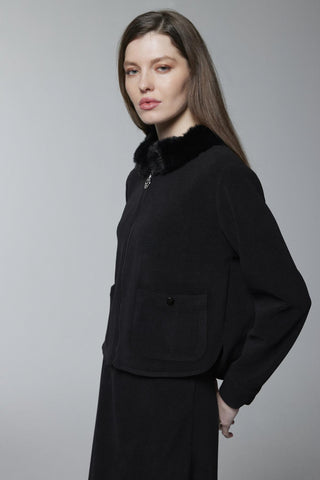 Kürk Yaka Fermuarlı Ceket Etek Ikili Takım