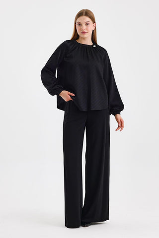 Jakarlı Aksesuar Detaylı Bluz Siyah Bluz 0118