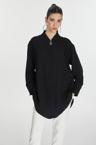 Embroidered Detail Zippered Black Jacket 0126