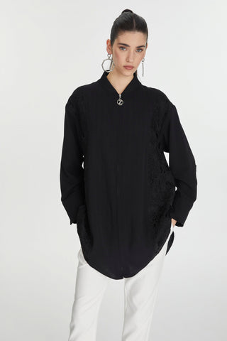 Nakış Detaylı Fermuarlı Siyah Ceket 0126