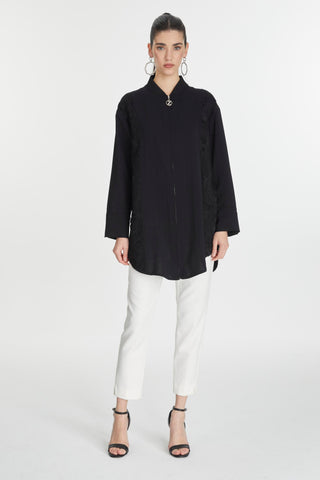 Embroidered Detail Zippered Black Jacket 0126