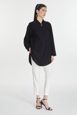 Embroidered Detail Zippered Black Jacket 0126