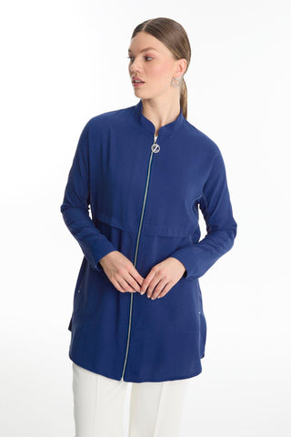 Navy Blue Zip-Up Mandarin Collar Jacket 0130