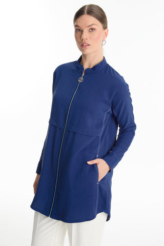 Navy Blue Zip-Up Mandarin Collar Jacket 0130