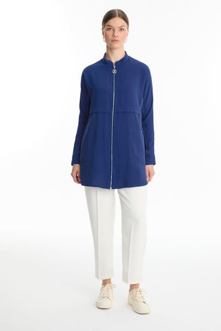 Navy Blue Zip-Up Mandarin Collar Jacket 0130