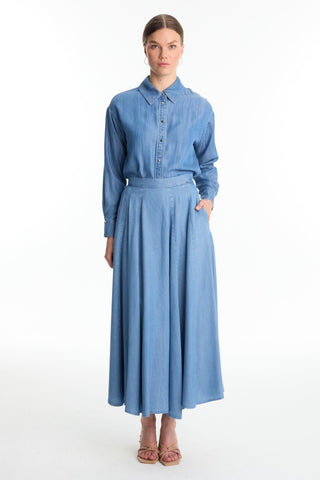 High-Waisted Denim Blue Skirt with Pockets 0144