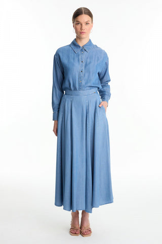 Yüksek Bel Cepli Denim Mavi Etek 0144