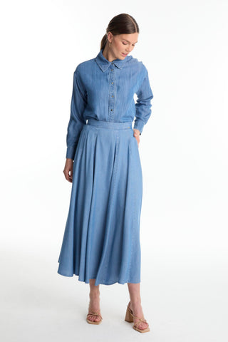 High-Waisted Denim Blue Skirt with Pockets 0144