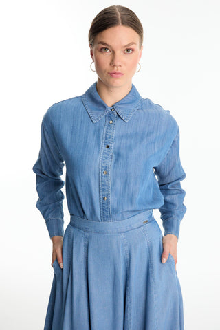 High-Waisted Denim Blue Skirt with Pockets 0144