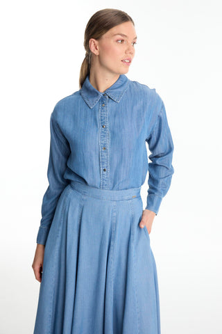 High-Waisted Denim Blue Skirt with Pockets 0144
