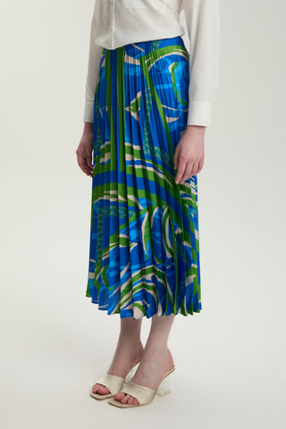 Patterned Pleated Long Blue Skirt 0155
