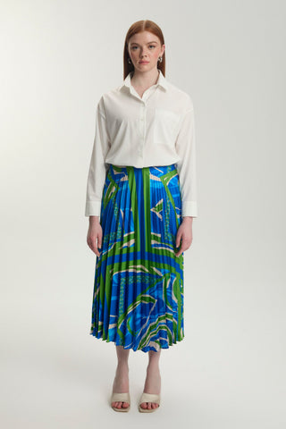 Patterned Pleated Long Blue Skirt 0155