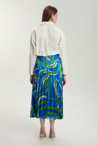 Patterned Pleated Long Blue Skirt 0155