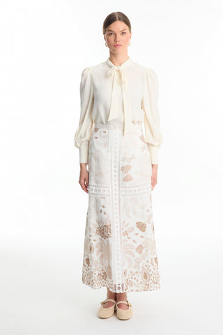 Şerit Detaylı Desenli Bej Etek 0187