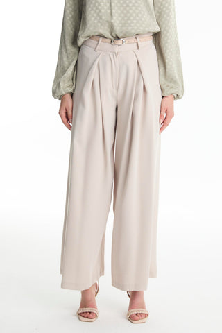 Wide Leg Beige Trousers with Belt Detail 0222