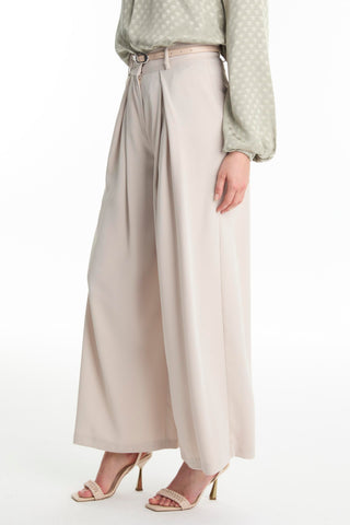 Wide Leg Beige Trousers with Belt Detail 0222