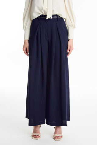Wide-leg Navy Trousers with Belt Detail 0222