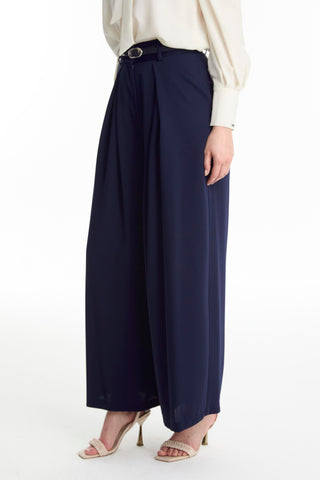 Wide-leg Navy Trousers with Belt Detail 0222