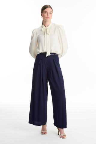 Wide-leg Navy Trousers with Belt Detail 0222