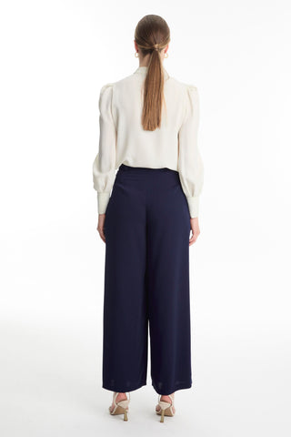 Wide-leg Navy Trousers with Belt Detail 0222