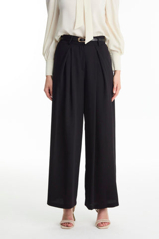 Wide-leg Black Trousers with Belt Detail 0222