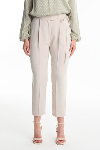Pleated Belt Detail Beige Trousers 0229