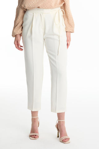 Pleated Belt Detail Ecru Trousers 0229