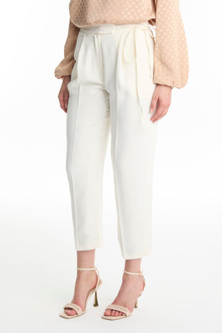 Pleated Belt Detail Ecru Trousers 0229