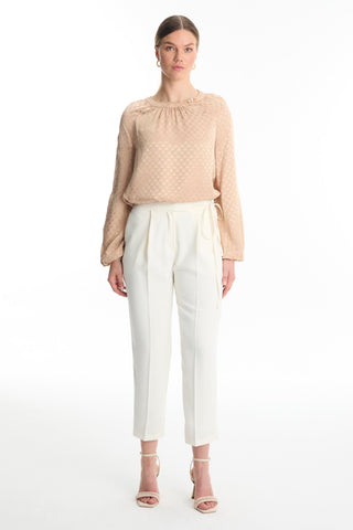 Pleated Belt Detail Ecru Trousers 0229