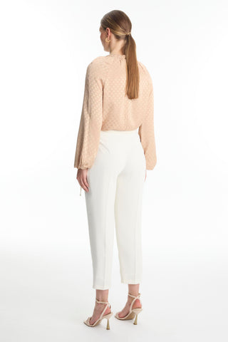 Pleated Belt Detail Ecru Trousers 0229