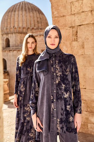 Jakarlı Kuşak Detaylı Lacivert Elbise 0454