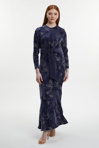 Navy Blue Dress with Jacquard Belt Detail 0454