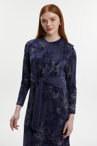 Navy Blue Dress with Jacquard Belt Detail 0454