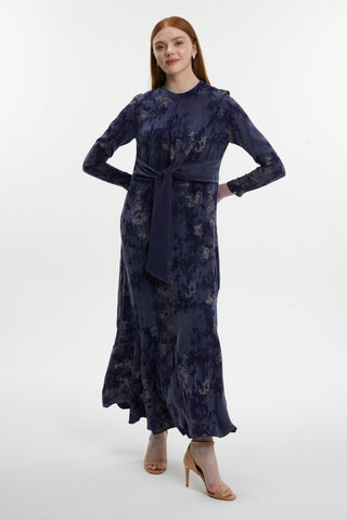 Navy Blue Dress with Jacquard Belt Detail 0454